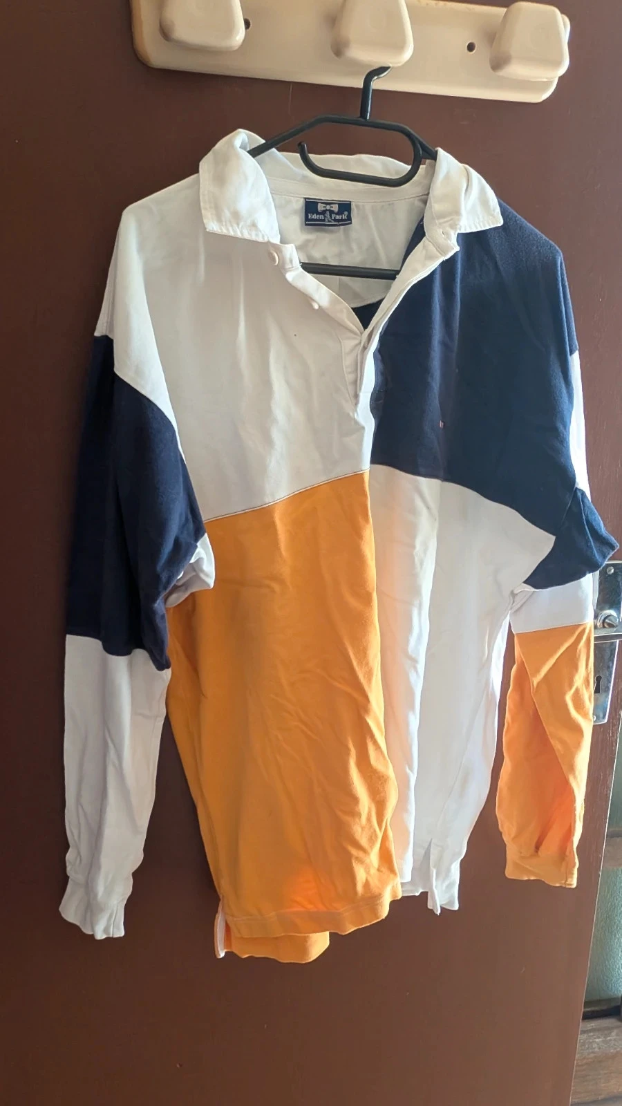 Polo maillot rugby eden park vintage color block blanc jaune bleu L
